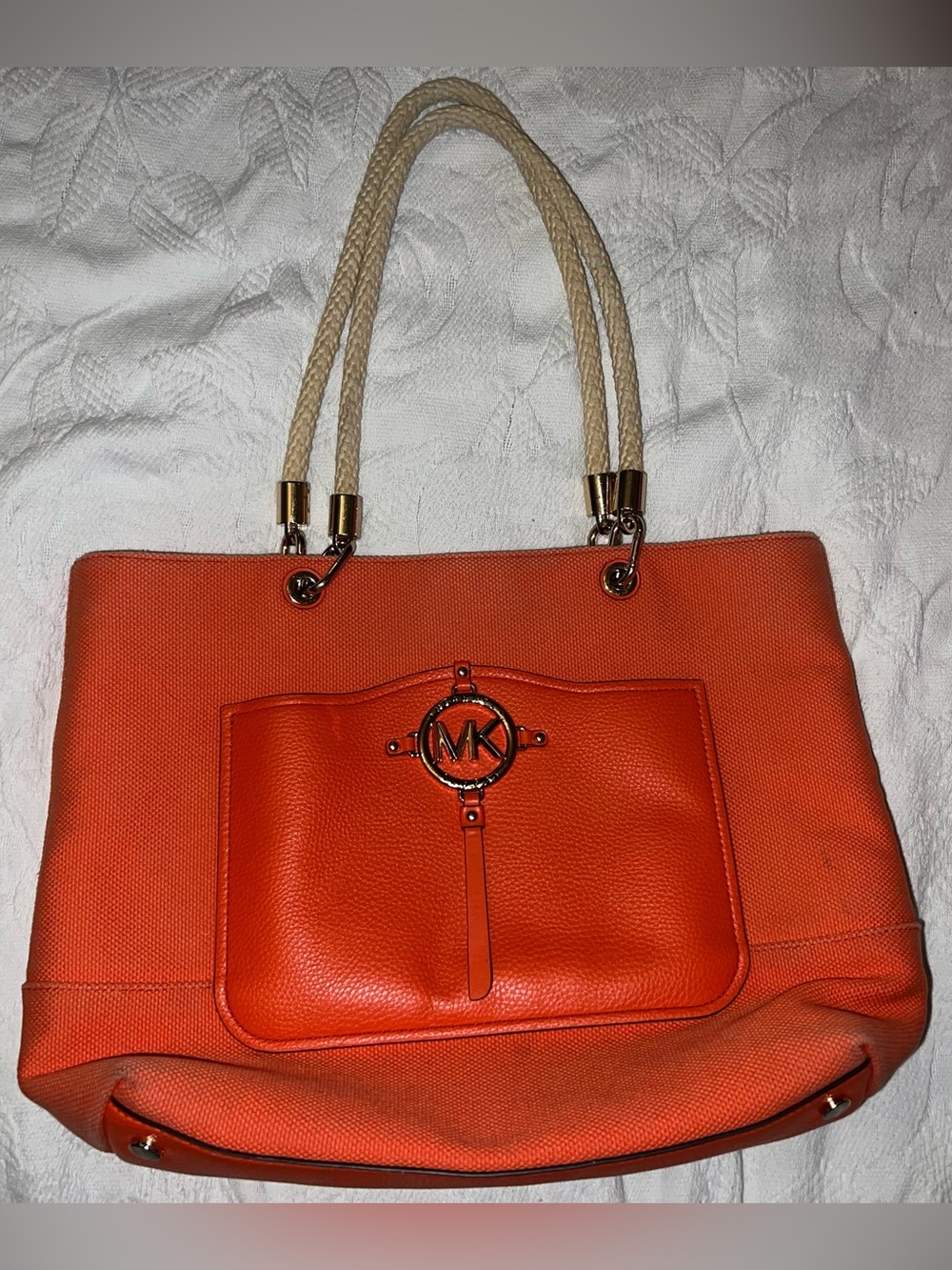 Michael Kors Orange Tote with Rope Handles and Gold Tone MK Emblem